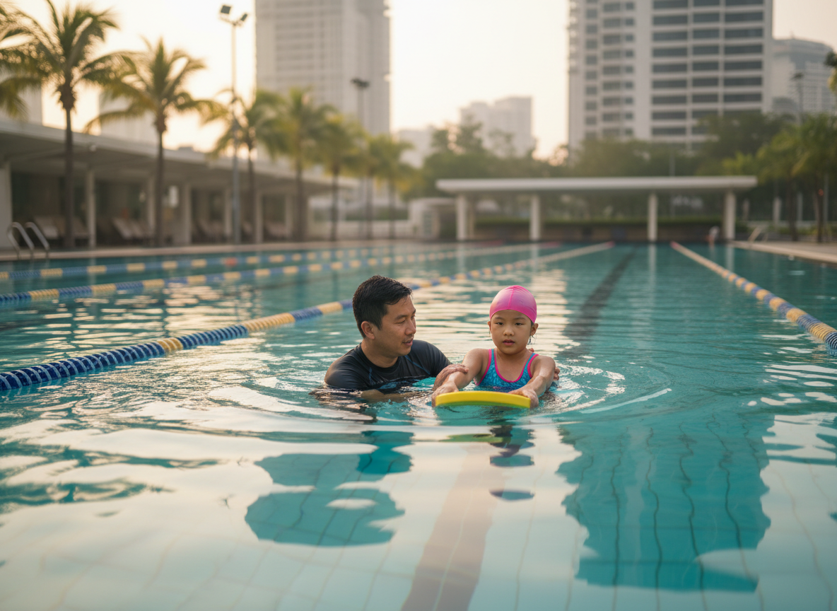 2027 public holidays private swimming lessons Singapore – coach giving a one-to-one freestyle lesson to a child in a quiet pool